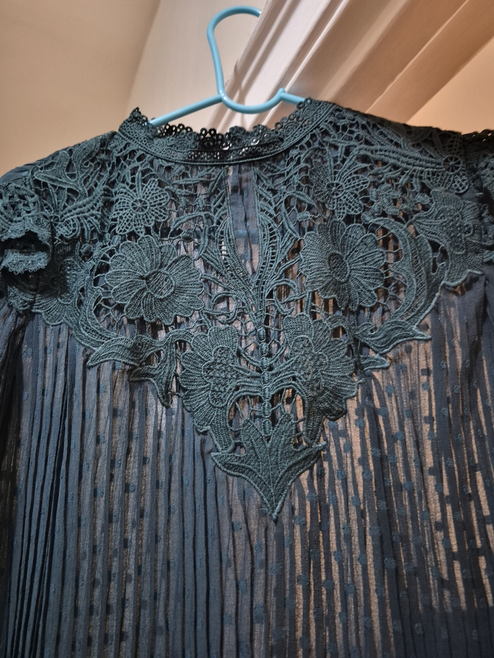 Elegant Dark Teal Lace Yoke Blouse - Women Tops - Picture 3 of 11